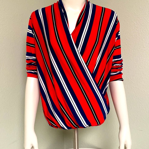 SJS Red White Blue Polyester Spandex Blend Stretchy Long Sleeve Blouse Size M - Picture 5 of 7